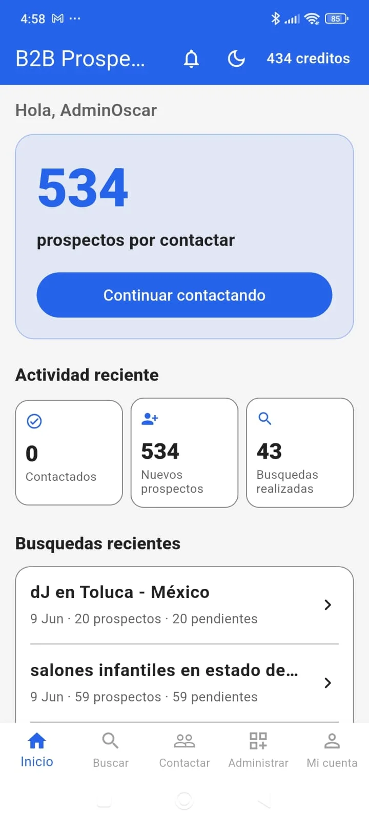 Pantalla principal de Prospecta